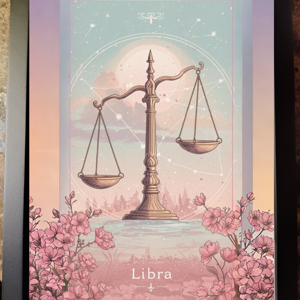 Libra Zodiac Art Print - Pink and Gold In A Glass Front Frame 8x10